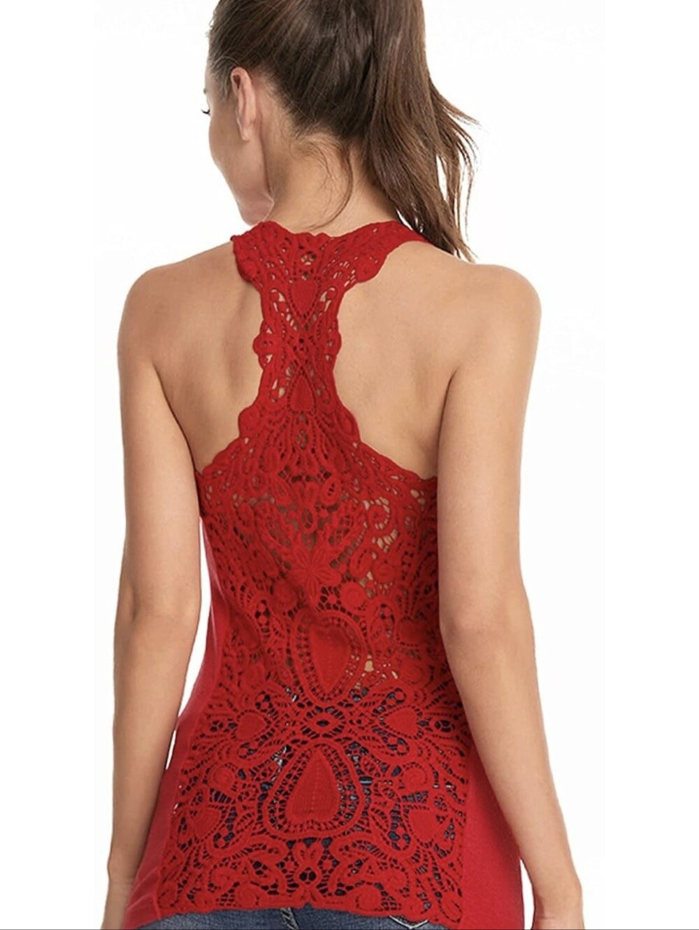 NEW AmélieBoutik Womans Red Crochet Lace Cutout Racerback Tank Top Size Large